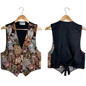 Facets Cats Vest Tapestry Kittens Vintage Size Medium Button Closure Tie Back